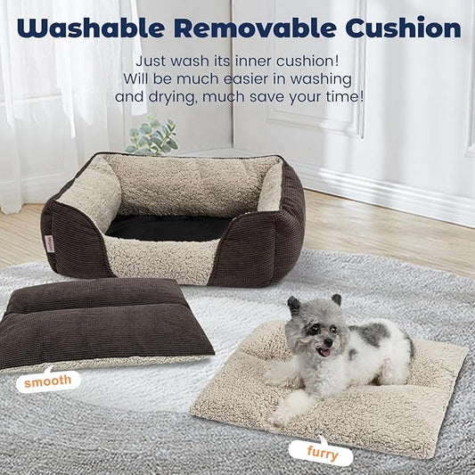 Miguel Washable Dog Bed with Removable Cushion for Medium Small Dogs, Easy to Wash Pet Sofa Bed with Side, Rectangle Bolster Cat Bed Calming Cuddle Puppy Bed with Anti-Slip Bottom, Brown 30 Inch - PAWPICO