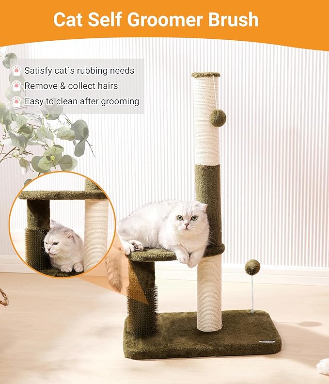 Happi N Pets 34“ Tall Cat Scratching Post for Big Cats, Natural Sisal Cat Scratchers for Indoor Cats, Heavy Duty Cat Stands Featuring with Cat Self Groomer and Hanging Toys, Free Catnip-Green - PAWPICO