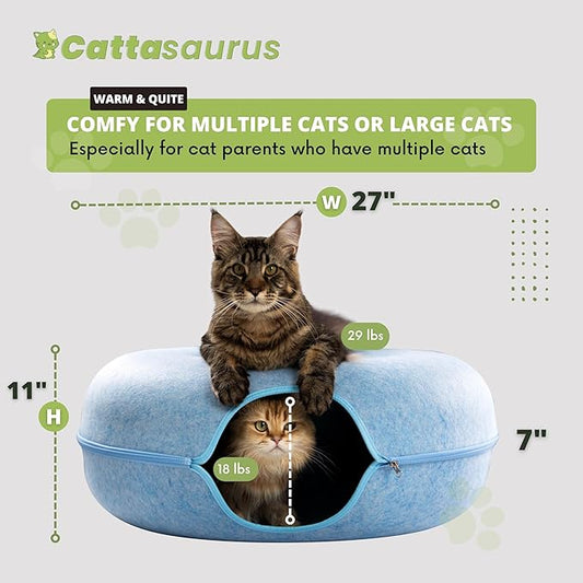 CATTASAURUS Peekaboo Cat Cave for Multiple & Large Cats Up to 30-45 Lbs, Scratch Detachable & Washable Tunnel Bed, Comfy Donut Cat Cave (Blue, Jumbo) - PAWPICO