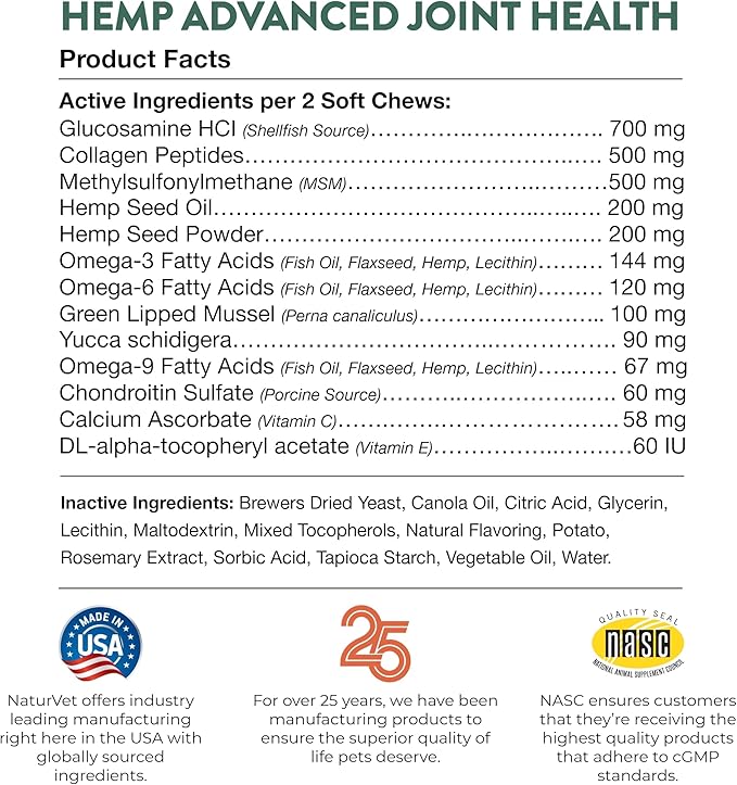 NaturVet Hemp Advanced Joint Health Dog Supplement Plus Hemp Seed – Helps Support Joint Health in Dogs – Includes, Collagen, Glucosamine, MSM, Chondroitin, Omegas – 60 Ct. NaturVet