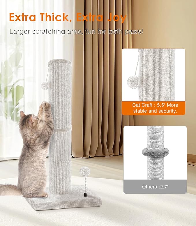 Carpet Craft Cat Scratching Post Heavy Duty for Indoor Large Cats and Adult Cats,Tall and Thicked Cat Scratch Post,Carpet Cat Tree Tower Scratcher with Interactivity Balls,Beige - PAWPICO