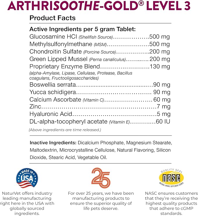 NaturVet Clinically Tested ArthriSoothe-Gold Level 3 Advanced Joint Care for Dogs and Cats, 240 ct Time Release, ChewableTablets, Made in USA NaturVet