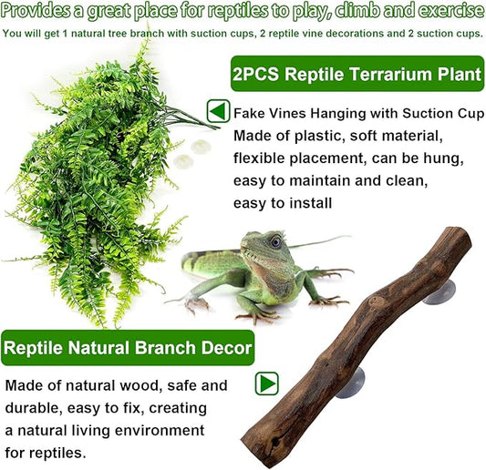 kathson Reptile Corner Branch Tank Habitat Decorations Bearded Dragons Plants Hanging Plastic Fake Climbing Terrarium Plant Decor for Amphibian Lizards Crested Gecko Snake Hermit Crab Frogs 3Pcs kathson