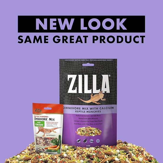 Zilla Reptile Munchies, Omnivore Mix with Calcium, Dehydrated and Sun Dried Vegetables and Insects, Natural with Added Calcium, Resealable Bag 4 oz. Zilla