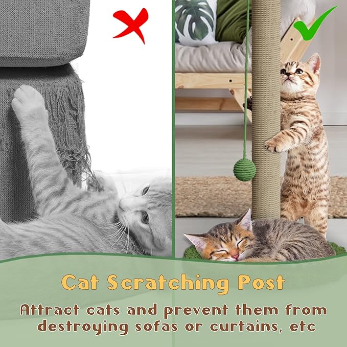 Cat Scratching Post for Indoor Cats and Kitten, 33.5" H Sisal Rope Scratching Posts with Simulated Leaves, Kitten Scratcher with Soft Platform and Hanging Ball - 1 Cat Teasing Stick - PAWPICO