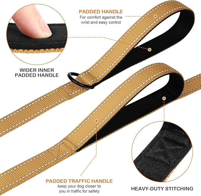Joytale Dog Leash Heavy Duty for Large Dogs That Pull, Double Handle for Traffic Control, Double-Sided Reflective Leashes for Large Medium Dogs Night Safety, 5FT, Khaki Joytale
