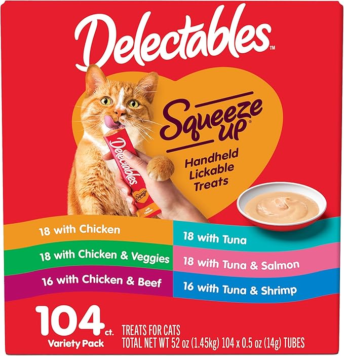 Delectables Squeeze Up Variety Pack, Creamy Squeezable Puree, Lickable Wet Cat Treats, Grain Free, No Added Fillers, No by-Products, No Added Preservatives, 0.5 Ounces Tube, 104 Tubes Total Hartz