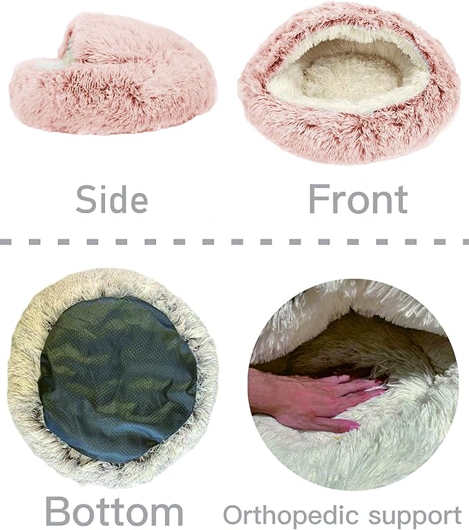 ShinHye Cat Bed Round Plush Fluffy Hooded Cat Bed Cave, Cozy for Indoor Cats or Small Dog beds, Soothing Pet Beds Doughnut Calm Anti-nxiety Dog Bed - Waterproof Bottom Washable, (23×23inch, Pink) - PAWPICO
