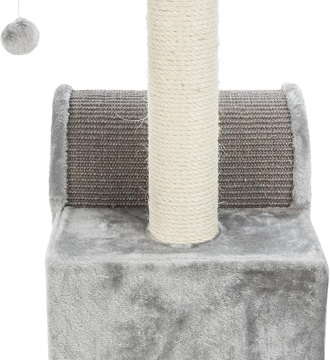 TRIXIE Tolar Cat Scratching Post 31.5 Inch - with Durable Sisal Rope and Tunnel, Condo, Platform with Removable Cushion & Dangling Cat Toy - in Gray - PAWPICO