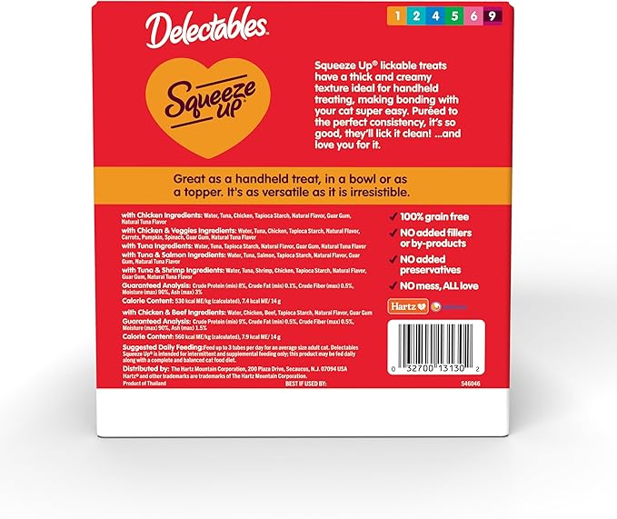 Delectables Squeeze Up Variety Pack, Creamy Squeezable Puree, Lickable Wet Cat Treats, Grain Free, No Added Fillers, No by-Products, No Added Preservatives, 0.5 Ounces Tube, 104 Tubes Total Hartz