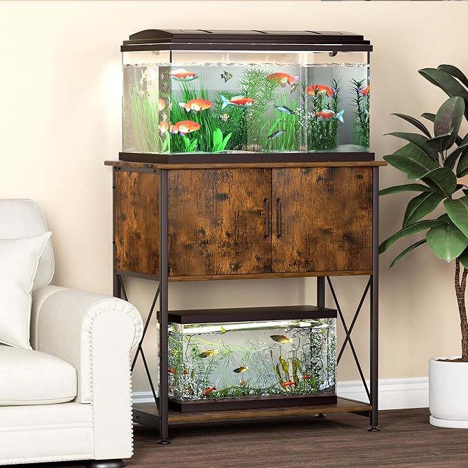 20-29 Gallon Aquarium Stand Metal Frame Fish Tank Stand with Cabinet Storage, for 20 Gallon Long Aquarium,30.7" L*16.5" W Tabletop,330LBS Capacity Rustic Brown and Black PG01YGN Herture
