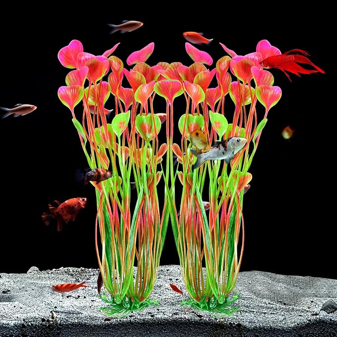 AQUANEAT Artificial Aquarium Plants, Fish Tank Plants Plastic, Aquarium Decor Large, 15.5 inch Pink Fish Tank Decorations, 2pcs Aquaneat