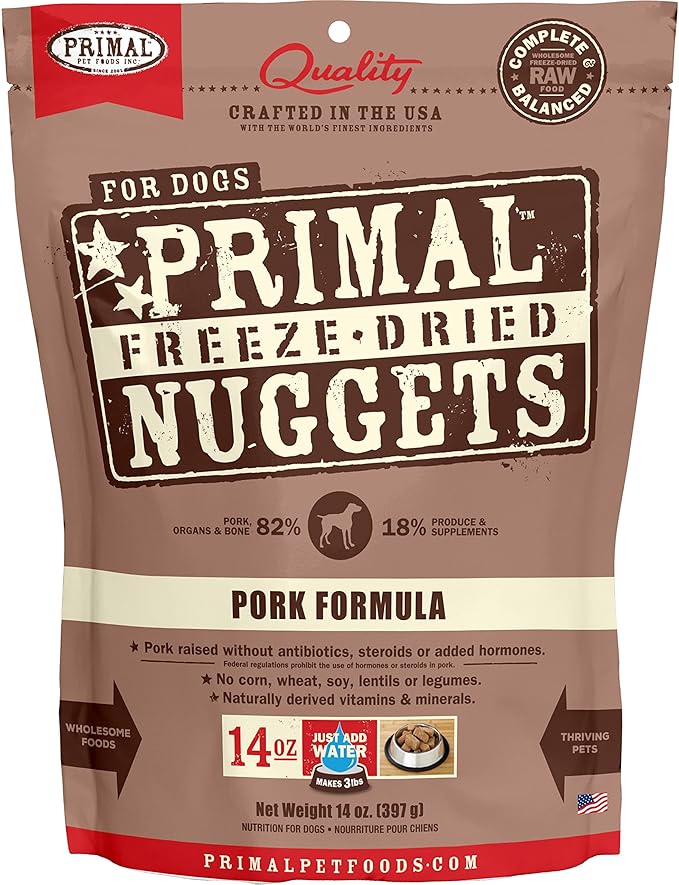 Primal Freeze Dried Raw Dog Food Nuggets, Pork, Complete & Balanced Meal, Also Use as Topper or Treat, Premium, Healthy, Grain Free, High Protein Raw Dog Food, 14 oz PrimalPetFoods
