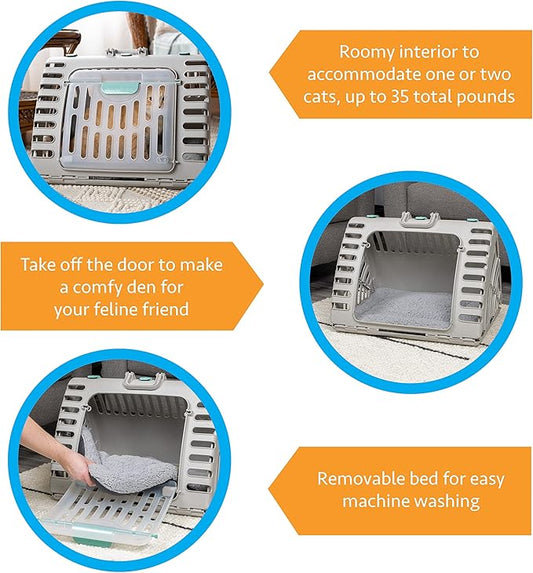SportPet Designs Foldable Travel Cat Carrier - Front Door Plastic Collapsible Carrier Collection, Waterproof Bed - PAWPICO