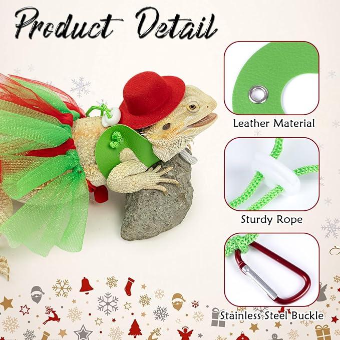 Bearded Dragon Christmas Costume Tutu Skirt Bowler Hat Leash Harness Reptile Christmas Cosplay Accessories Set for Lizard Leopard Gecko(Red) WODISON