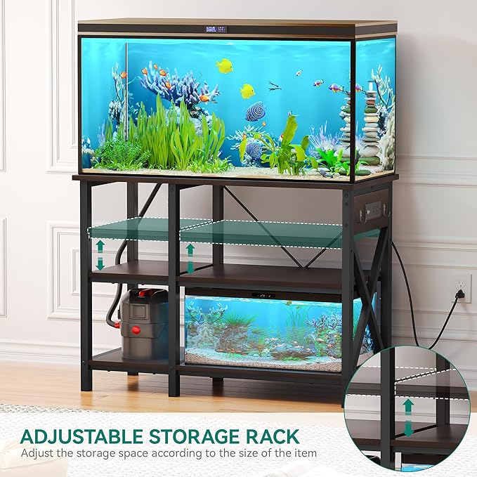 YITAHOME 40-50 Gallon Fish Tank Stand with Power Outlet, 40x18 Inch Metal Aquarium Stand with 3-Tier Adjustable Storage Shelves and Hooks, 700LBS Capacity, Black YITAHOME