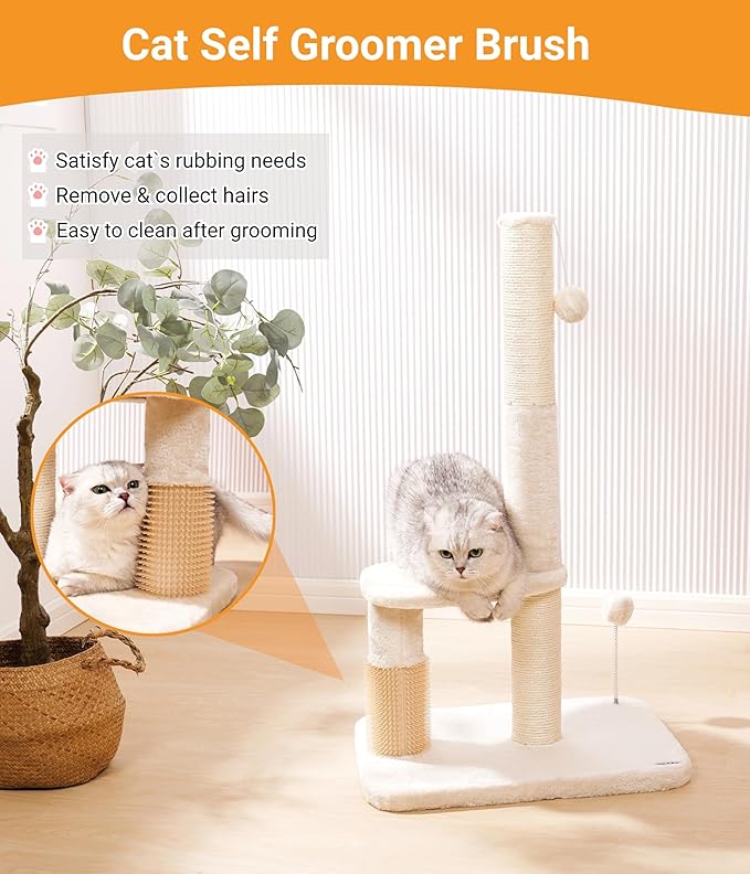 Happi N Pets 34“ Tall Cat Scratching Post for Big Cats, Natural Sisal Cat Scratchers for Indoor Cats, Heavy Duty Cat Stands Featuring with Cat Self Groomer and Hanging Toys, Free Catnip-Beige - PAWPICO