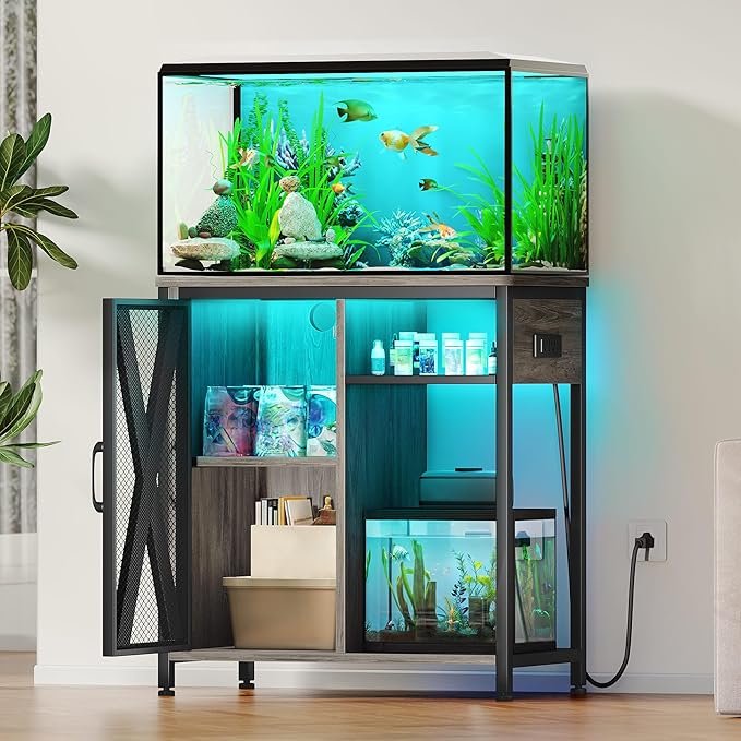 YITAHOME Fish Tank Stand with Power Outlets & LED Light, 20-29 Gallon Metal Aquarium Stand with Cabinet for Fish Tank Accessories Storage for Turtle Tank, Reptile Terrarium, 350LBS Capacity, Grey YITAHOME