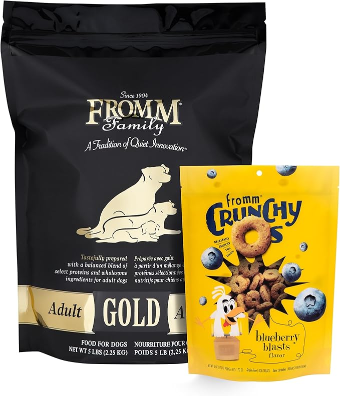 Fromm Adult Gold Dry Dog Food 5 lb Bag & Crunchy Os Blueberry Blasts Dog Treats 6 oz Bag - Chicken Recipe - PAWPICO