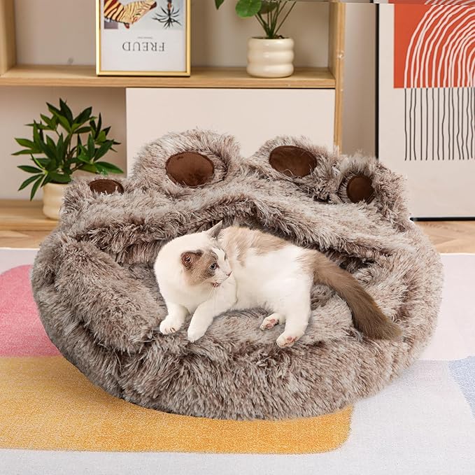 Cat Bed with Cover Cave - Dog Cave Bed with Standing Paws,Covered Round Kitten Bed with Hooded Blank - PAWPICO
