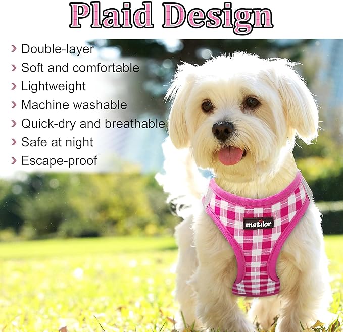 Dog Harness Step-in Breathable Puppy Cat Dog Vest Harnesses for Small Medium Dogs Pink Checkered - PAWPICO