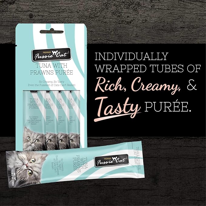 Fussie Cat Tuna with Prawns Puree, lickable cat Treats, 0.5oz Pouch Pack of 4 - PAWPICO