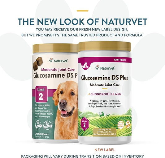 NaturVet Glucosamine DS Plus Level 2 Moderate Care Joint Support Supplement for Dogs and Cats, Chewable Tablets Time Release, Made in The USA, 240 Count NaturVet