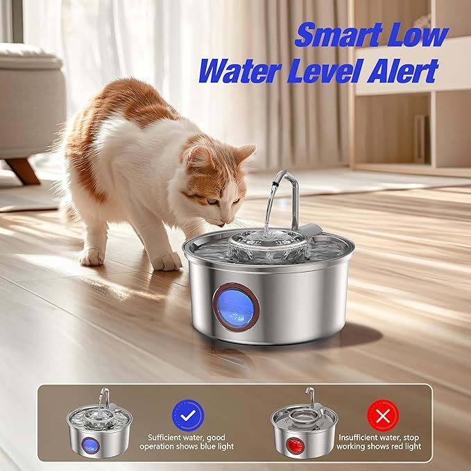 Cat Water Fountain,108oz/3.2L Stainless Steel Cat Fountain and Removable Water Bowl,Pet Fountain with Water Level Window,Quiet Pump,Multi-Filter, Water Tap, Provides Flowing,for Dog Cats - PAWPICO