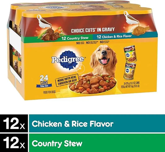 PEDIGREE CHOICE CUTS IN GRAVY Adult Canned Soft Wet Dog Food Variety Pack, Country Stew and Chicken & Rice Flavor, 13.2 oz. Cans (Pack of 24) - PAWPICO