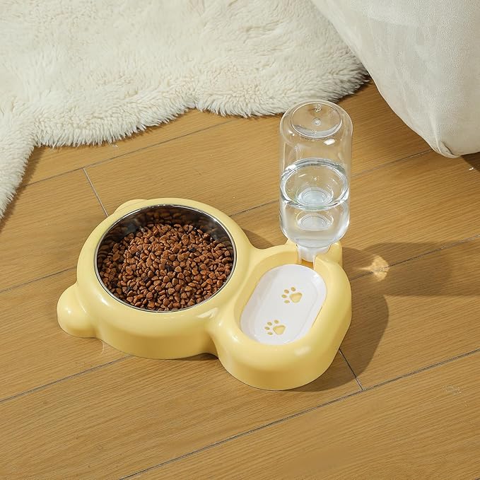 Dog Bowls, Cat Food and Water Bowl Set with Water Dispenser and Stainless Steel Bowl for Cats and Small Dogs - Yellow - PAWPICO