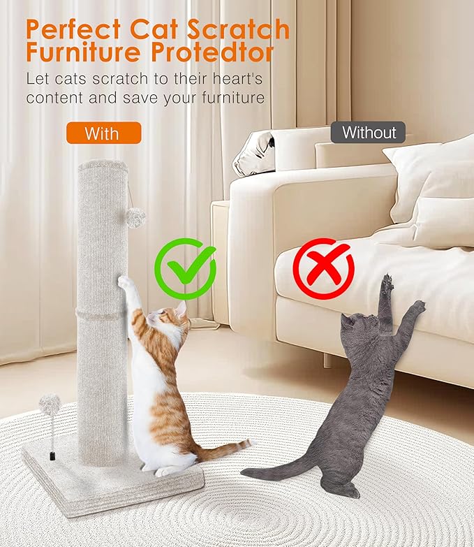 Carpet Craft Cat Scratching Post Heavy Duty for Indoor Large Cats and Adult Cats,Tall and Thicked Cat Scratch Post,Carpet Cat Tree Tower Scratcher with Interactivity Balls,Beige - PAWPICO