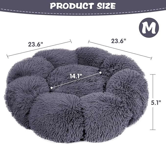 Cat Bed Cute, 23.6" Washable Grey Donut Bed for Indoor Cats and Small Dogs, Soft Cute Flower Fluffy Round Donut Cat Beds, Anti Anxiety Pet Bed, Self-Warming Bed, Dark Grey - PAWPICO