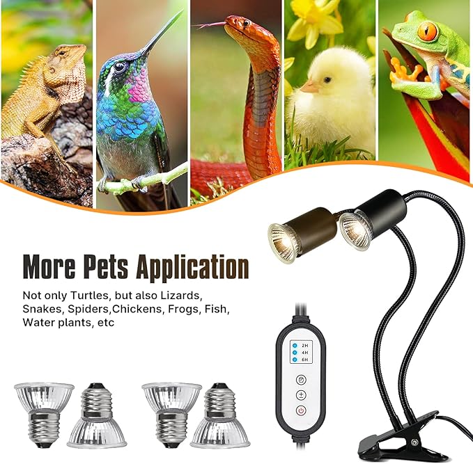 Reptile Heat Lamp, Dual-Head UVA/B Reptile Light with Cycle Timer, Basking Light for Reptile Turtle Bearded Dragon Lizards Snake, E26/27 Base with 4 Bulbs (2PCS 25W and 2PCS 50W) DTZYServiceforYourLife