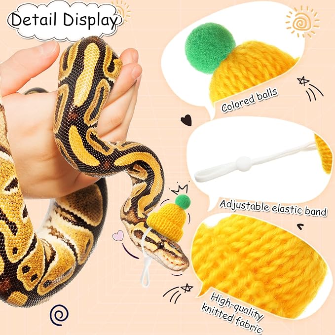 Kajaia 10 Pieces Pet Snake Hat Hamster Hat with Adjustable Elastic Strap, Snake Ball Hamster Python Lizard Guinea Pig Knitted Hat with Pompon for Small Reptile Animal Decoration Accessories Kajaia