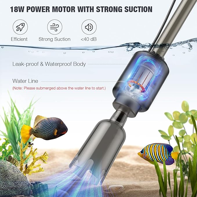 AKKEE Aquarium Vacuum Gravel Cleaner, 6 in 1 Multifunctional 18W Fish Tank Gravel Cleaner Vacuum for Water Changer Wash Sand Water Filter Circulation Aquarium Vacuum Cleaner Waterproof IP68(Black) AKKEE