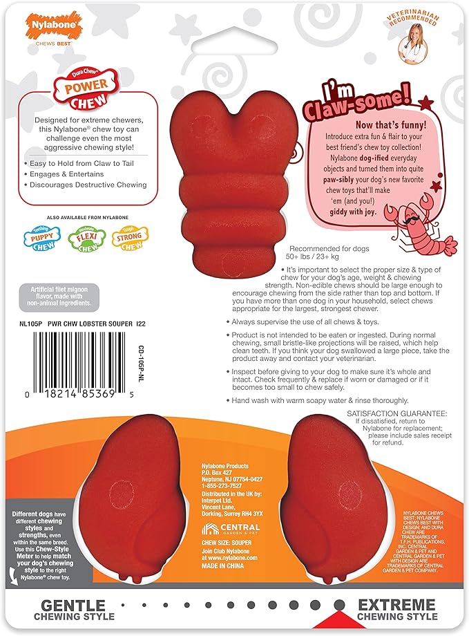 Nylabone Power Chew Lobster Dog Chew Toy, Cute Dog Toys for Aggressive Chewers, Filet Mignon Flavor, X-Large/Souper (1 Count) - PAWPICO