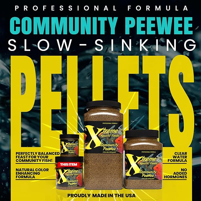 Xtreme Community Peewee 1.5mm Pellets: Slow Sinking & Ideal for Community Fish - Boosts Immune & Digestive Health, Enhances Color & Energy, Max Protein Fish Food – USA Farm Grown (10oz) XtremeAquaticFoods