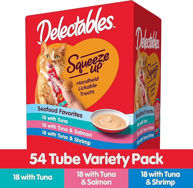 Delectables Squeeze Up Seafood Variety Pack, Creamy Squeezable Puree, Lickable Wet Cat Treats, Grain Free, No Added Fillers, No by-Products, No Added Preservatives, 0.5 Ounces Tube, 54 Tubes Total Hartz