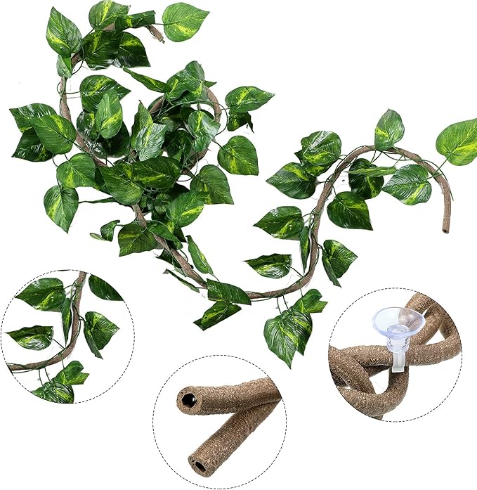 Reptile Lizard Habitat Accessories Include 29.52 x 7.08 Inch Lizard Hammock, Jungle Climber Vines Flexible Leaves Habitat Reptile Decor with Suction Cups for Bearded Dragons Iguanas and Other Reptiles Jetec
