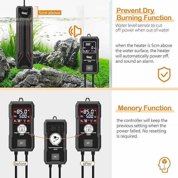 hygger Aquarium Heater 300W/500W/800W/1000W, Submersible Fish Tank Heater with Digital LED Controller and Intelligent Leaving Water Automatically Stop Heating System, for Freshwater and Saltwater hygger