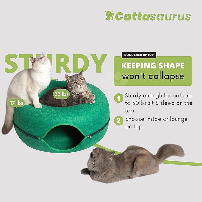 CATTASAURUS Peekaboo Cat Cave for Multiple & Large Cats Up to 30-45 Lbs, Scratch Detachable & Washable Tunnel Bed, Comfy Donut Cat Cave (Forest Green, Large) - PAWPICO