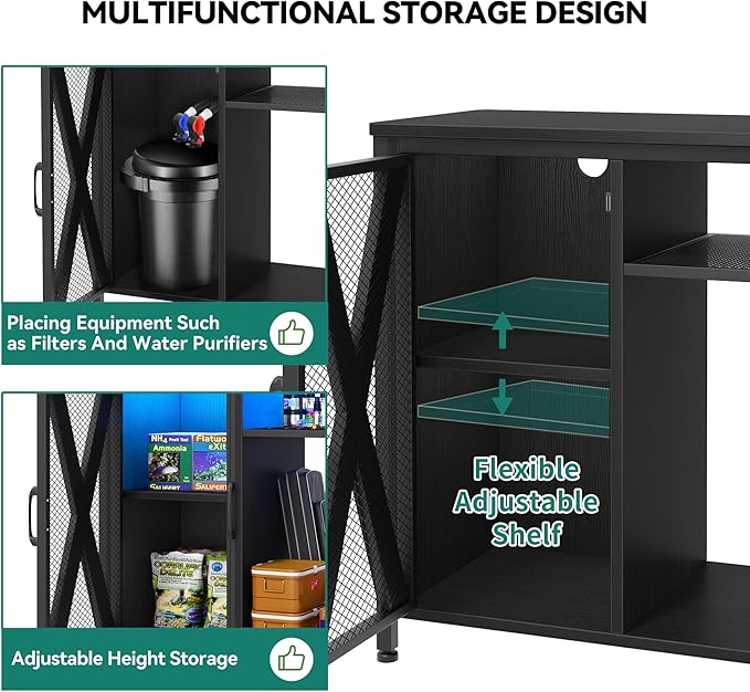 YITAHOME Fish Tank Stand with Power Outlets & LED Light, 20-29 Gallon Metal Aquarium Stand with Cabinet for Fish Tank Accessories Storage for Turtle Tank, Reptile Terrarium, 350LBS Capacity, Black YITAHOME