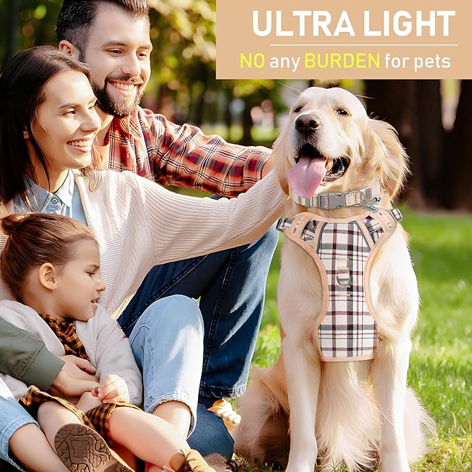 GAMUDA Dog Harness Collar and Leash Set, Dog Harness, No Chock No Pull Adjustable Vest Harnesses Plaid Reflective for Medium Dog, Cat, Small Horse, Small Bull and Pig (Beige, S) GAMUDACollarsCollection