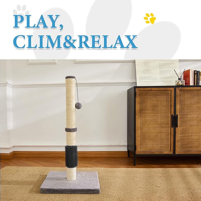 MeowHomm 32" Cat Scratching Post with Self Groomer Cat Brush, Sisal Rope Tall Cat Scratching Post with Soft Hanging Ball for Indoor Cats, Cat Claw Scratcher Covered with Soft Smooth Plush - PAWPICO