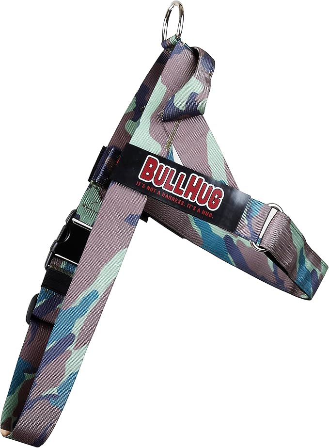 BULLHUG Harness – Made for Larger Chested Dogs Like English Bulldogs, French Bulldogs, Pugs & More. Stops Dogs from Pulling & Choking on Walks (Army, Medium) BULLHUG