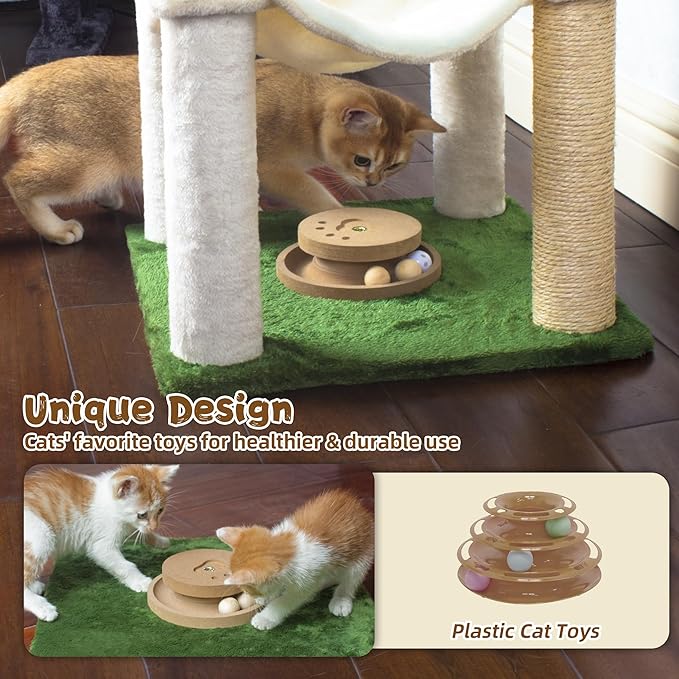 Cat Scratching Post 30 Inches Small Cat Tree Tower with Two Cat Hammock, Double Cat Hammock with Cat Toy Wooden Interactive, Cat Condo for Kitten and Adults Cat - PAWPICO