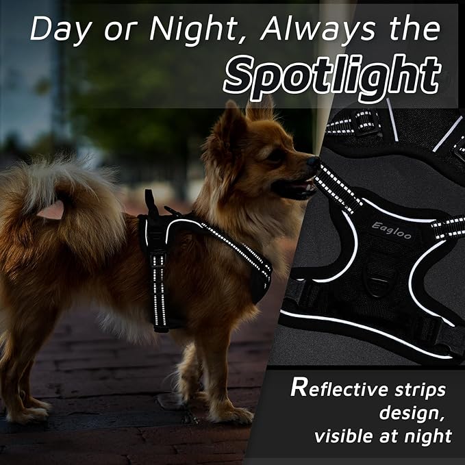 Eagloo Small Dog Harness No Pull, Service Vest with Reflective Strips and Control Handle, Adjustable and Comfortable for Easy Walking, No Choke Pet Harness with 2 Metal Rings, Black, XS GoExplorewithEagloo