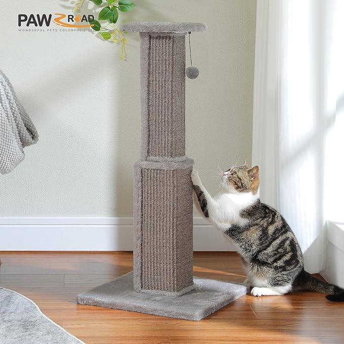 PAWZ Road 32 Inches Cat Ultimate Scratching Post, Durable Sisal Tower with a Cute Ball for Large Indoor Cats-Grey - PAWPICO