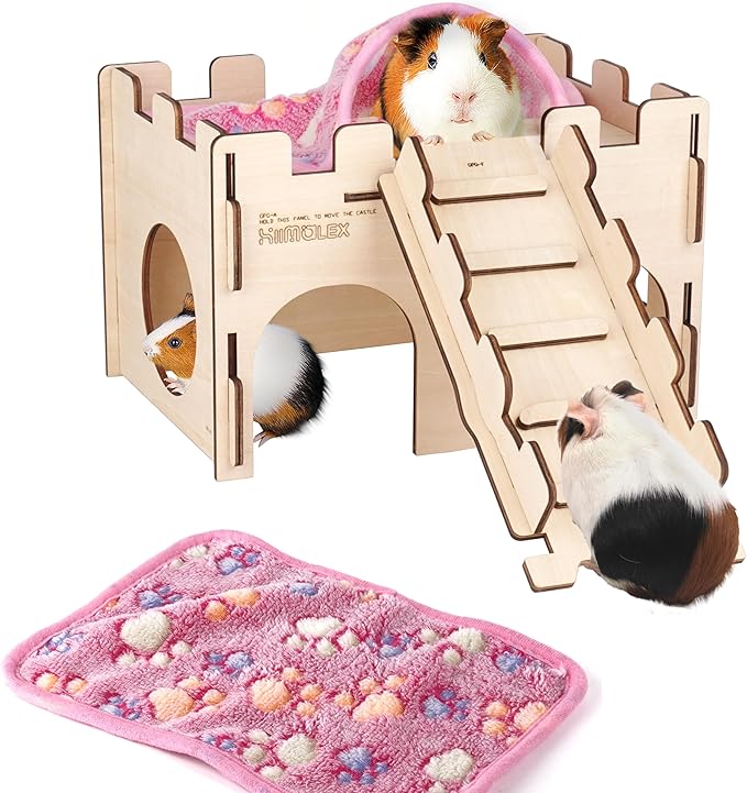 hiimalex Wooden Hamster Castle House with Ramp and Plush Bedding for Chinchilla Guinea Pig Hedgehog Gerbil Hamster Rat Durable Habitats for Playing and Hiding MakeTheKingdomforYourBunnies