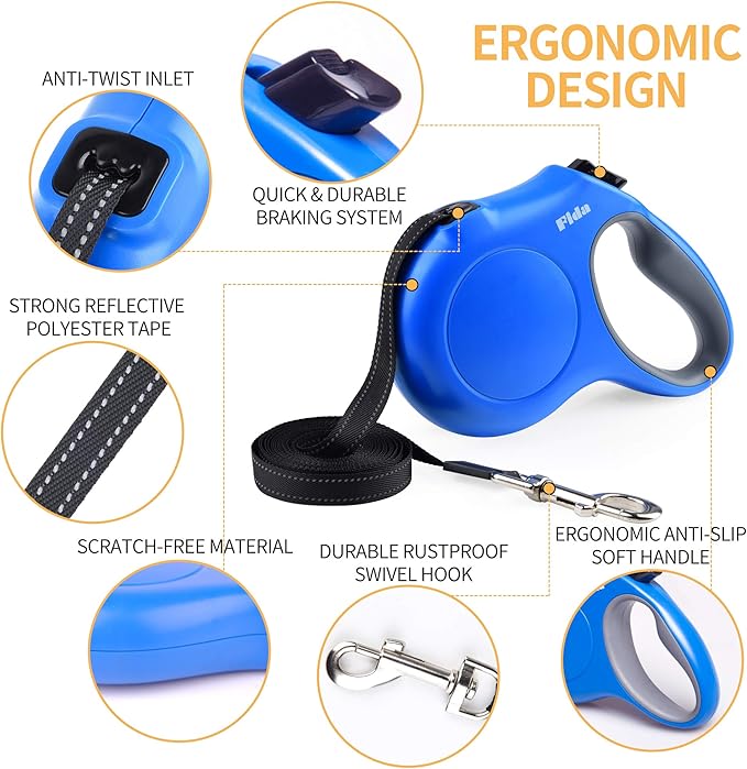 Fida Retractable Dog Leash X-Small Breed, 10 ft Durable Pet Walking Leash for Extra Small Dogs/Cats/Small Animals up to 18 lbs, 360° Tangle Free, Blue Fida